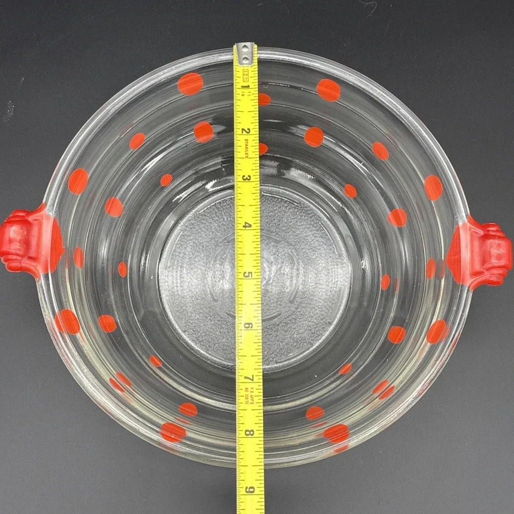 Vintage 1920s Glasbake Red Polka Dot Bowl Tab Handles Textured Bottom #55